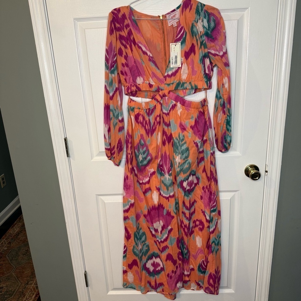 Banjanan 100% Cotton Orange and Pink Long Sleeve Dress with Cut Outs Size XL NWT - Picture 3 of 10